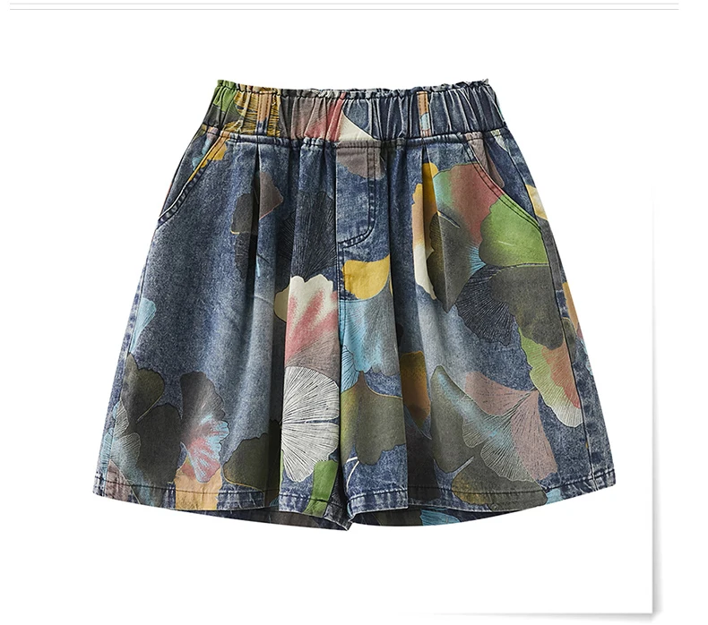 9021 Vintage Printing Denim Shorts for Women Summer Fashion Elastic Waist Loose Casual A-line Comfortable Half Length Pants