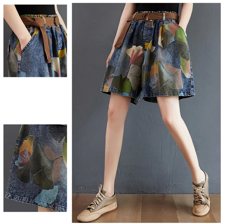 9021 Vintage Printing Denim Shorts for Women Summer Fashion Elastic Waist Loose Casual A-line Comfortable Half Length Pants