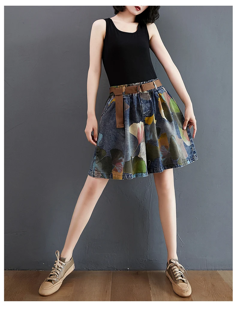 9021 Vintage Printing Denim Shorts for Women Summer Fashion Elastic Waist Loose Casual A-line Comfortable Half Length Pants