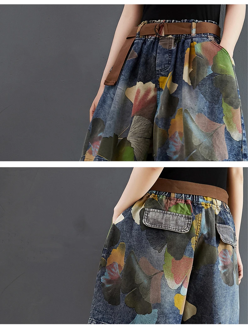 9021 Vintage Printing Denim Shorts for Women Summer Fashion Elastic Waist Loose Casual A-line Comfortable Half Length Pants