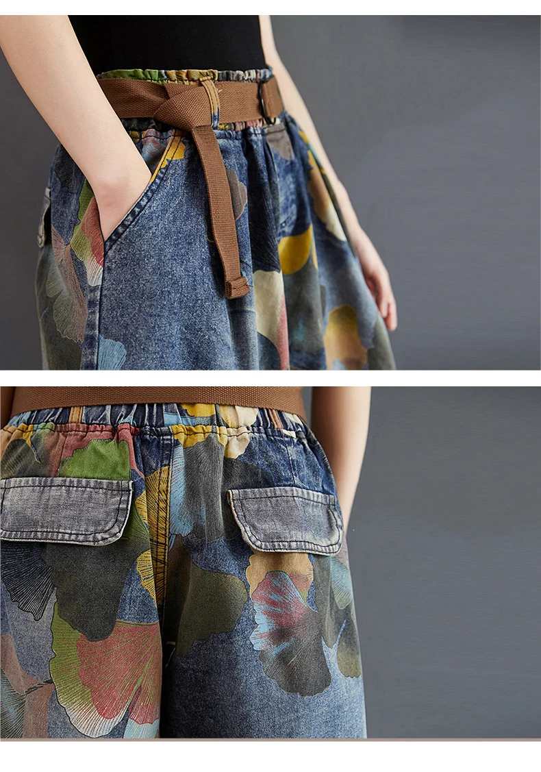 9021 Vintage Printing Denim Shorts for Women Summer Fashion Elastic Waist Loose Casual A-line Comfortable Half Length Pants