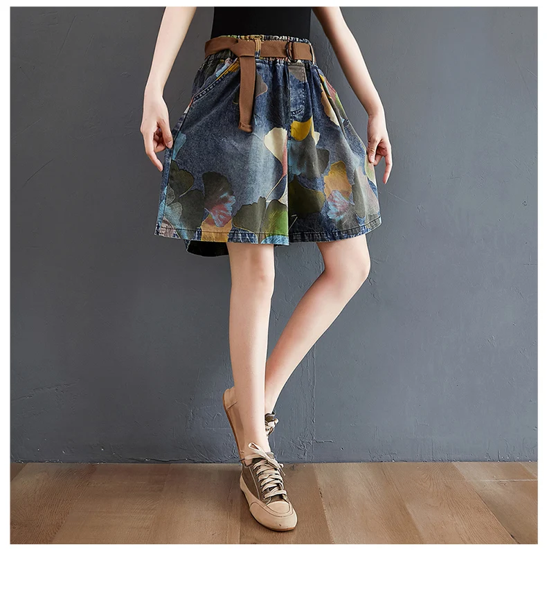 9021 Vintage Printing Denim Shorts for Women Summer Fashion Elastic Waist Loose Casual A-line Comfortable Half Length Pants