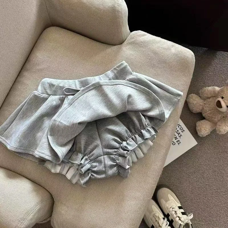 Harajuku Gray Drawstring Mini Skort Women Sweet Sexy A Line Puff Shorts Y2K Preppy Style Ruffle Sporty Black Skort