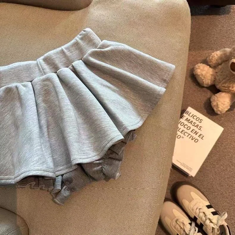 Harajuku Gray Drawstring Mini Skort Women Sweet Sexy A Line Puff Shorts Y2K Preppy Style Ruffle Sporty Black Skort