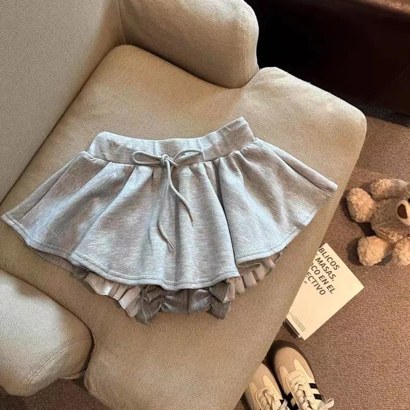 Harajuku Gray Drawstring Mini Skort Women Sweet Sexy A Line Puff Shorts Y2K Preppy Style Ruffle Sporty Black Skort