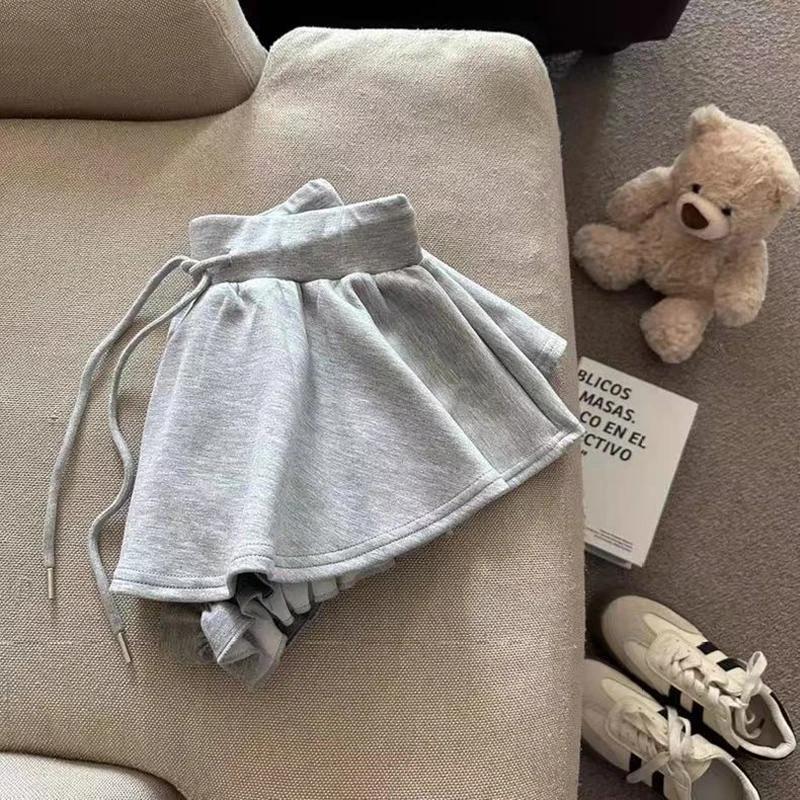 Harajuku Gray Drawstring Mini Skort Women Sweet Sexy A Line Puff Shorts Y2K Preppy Style Ruffle Sporty Black Skort