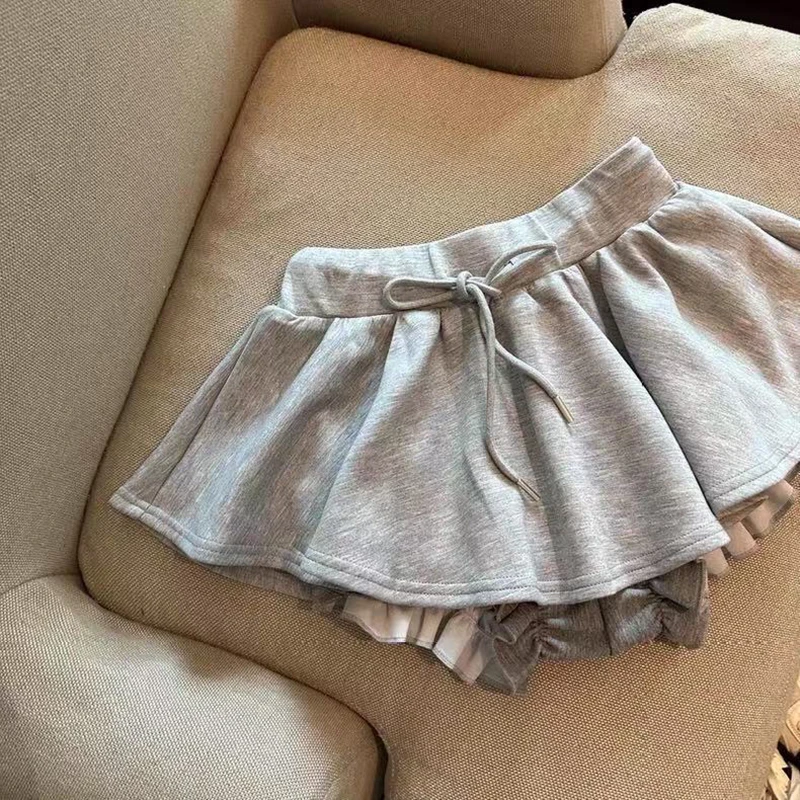 Harajuku Gray Drawstring Mini Skort Women Sweet Sexy A Line Puff Shorts Y2K Preppy Style Ruffle Sporty Black Skort