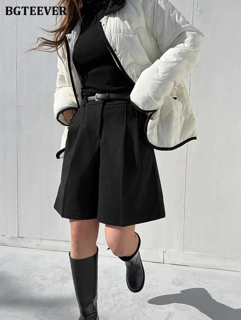 BGTEEVER Casual High Waist Pockets Female Wide Leg Woolen Shorts Autumn Winter Thicke Warm Loose Women Shorts