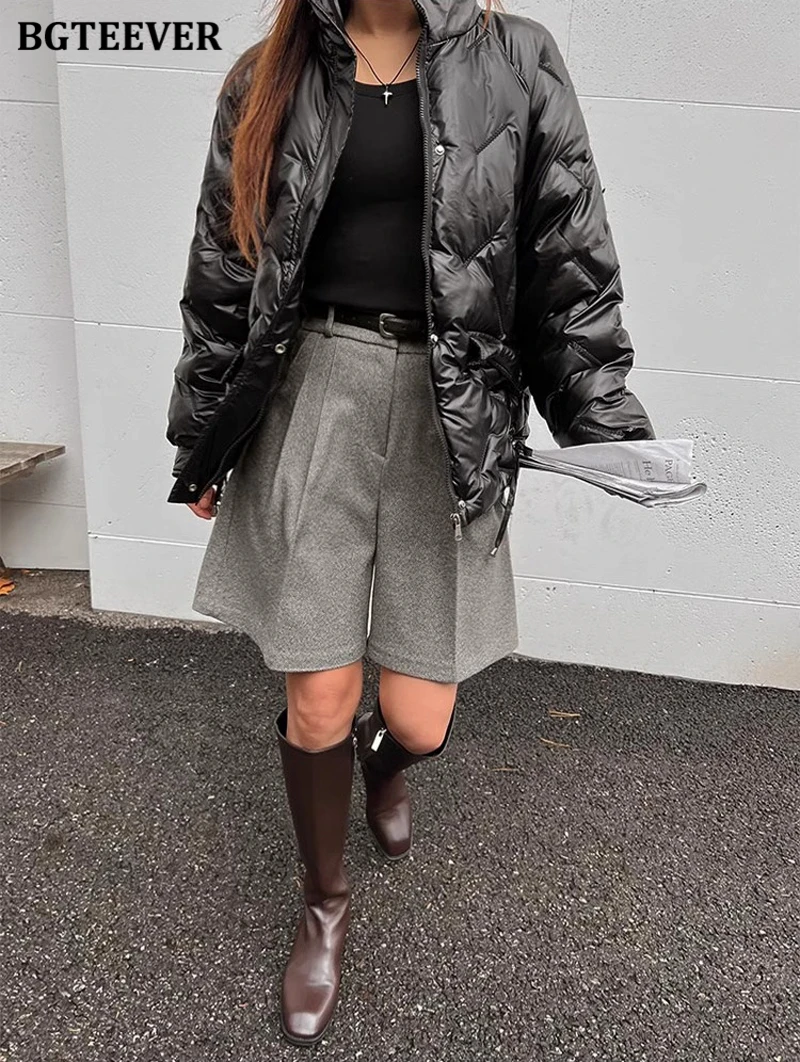 BGTEEVER Casual High Waist Pockets Female Wide Leg Woolen Shorts Autumn Winter Thicke Warm Loose Women Shorts
