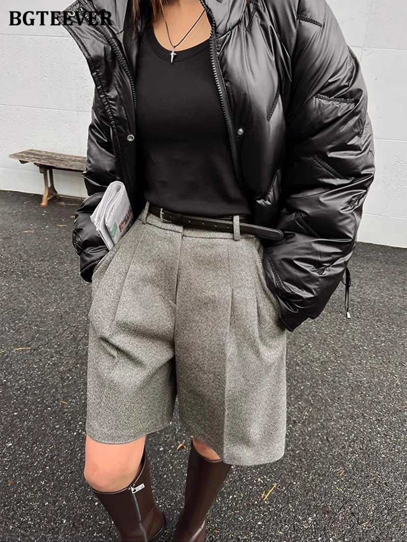 BGTEEVER Casual High Waist Pockets Female Wide Leg Woolen Shorts Autumn Winter Thicke Warm Loose Women Shorts