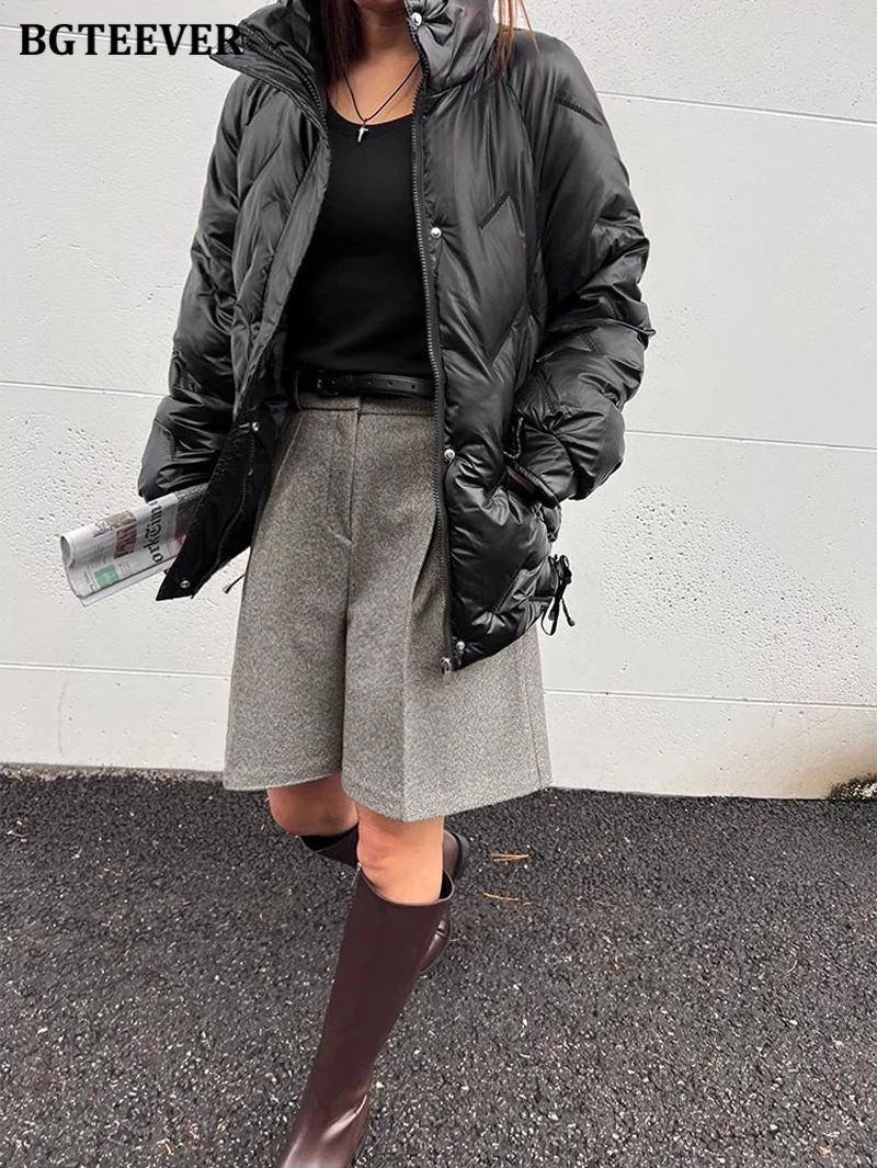 BGTEEVER Casual High Waist Pockets Female Wide Leg Woolen Shorts Autumn Winter Thicke Warm Loose Women Shorts