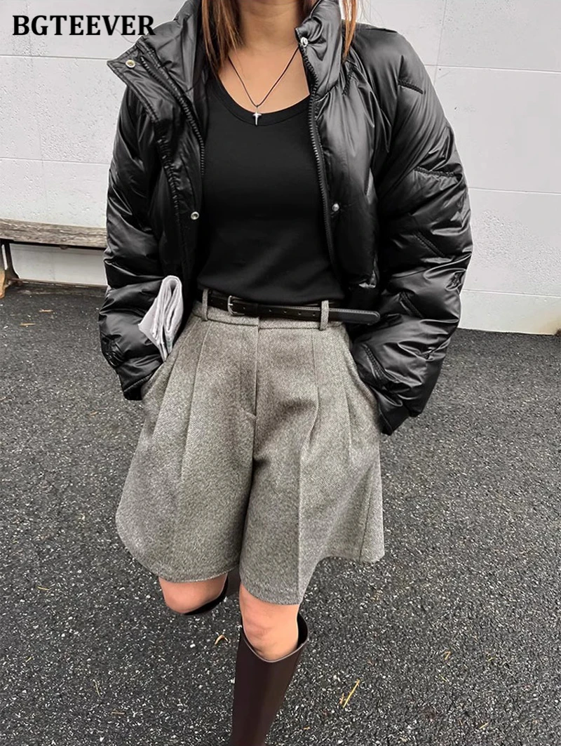 BGTEEVER Casual High Waist Pockets Female Wide Leg Woolen Shorts Autumn Winter Thicke Warm Loose Women Shorts