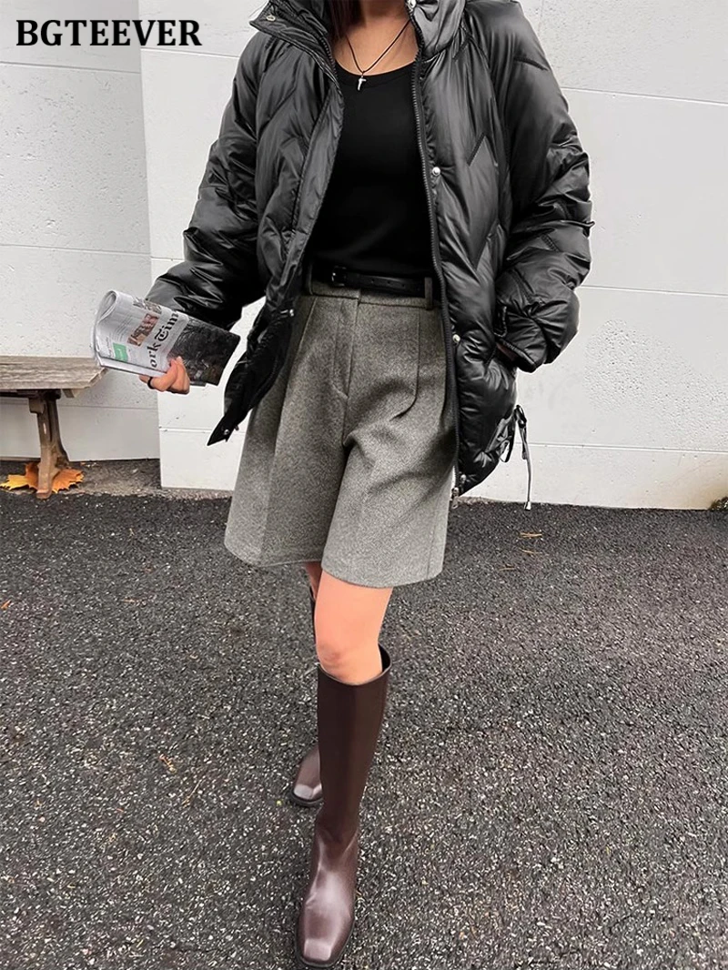 BGTEEVER Casual High Waist Pockets Female Wide Leg Woolen Shorts Autumn Winter Thicke Warm Loose Women Shorts