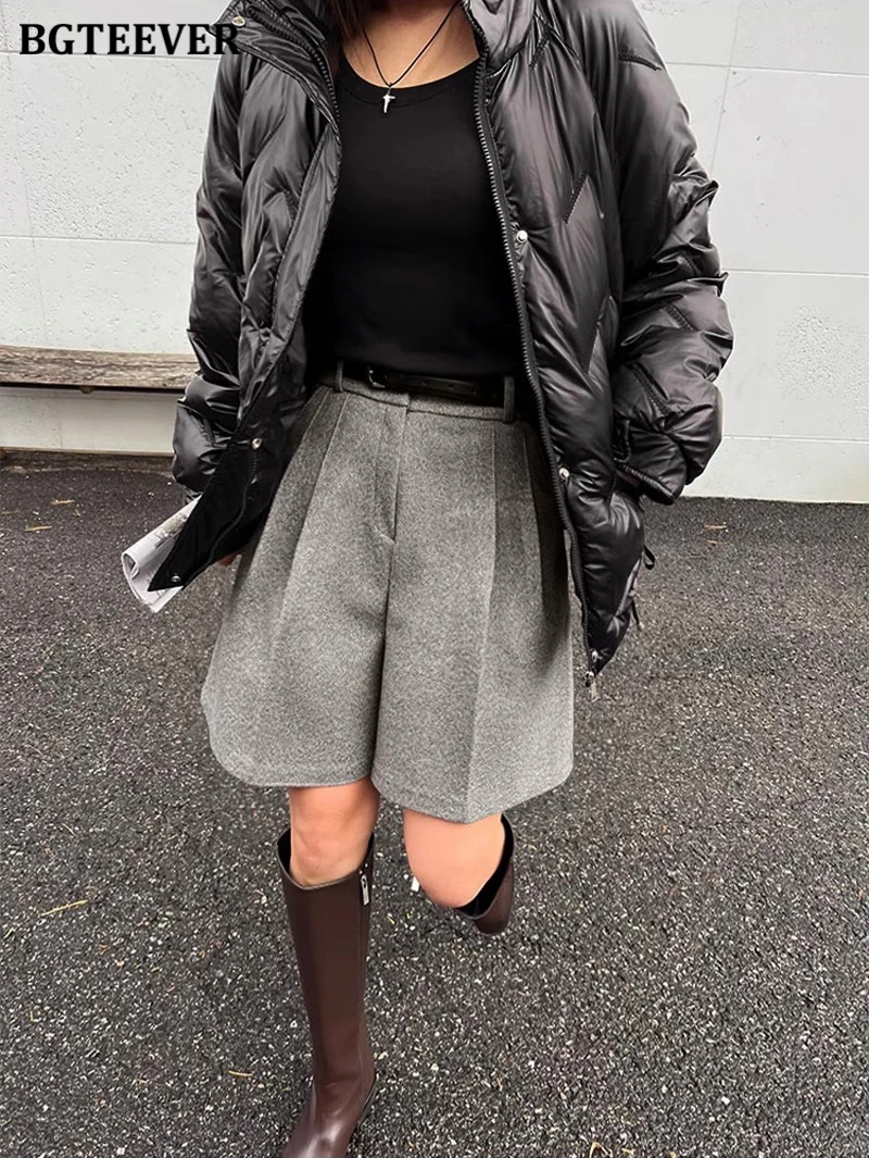 BGTEEVER Casual High Waist Pockets Female Wide Leg Woolen Shorts Autumn Winter Thicke Warm Loose Women Shorts