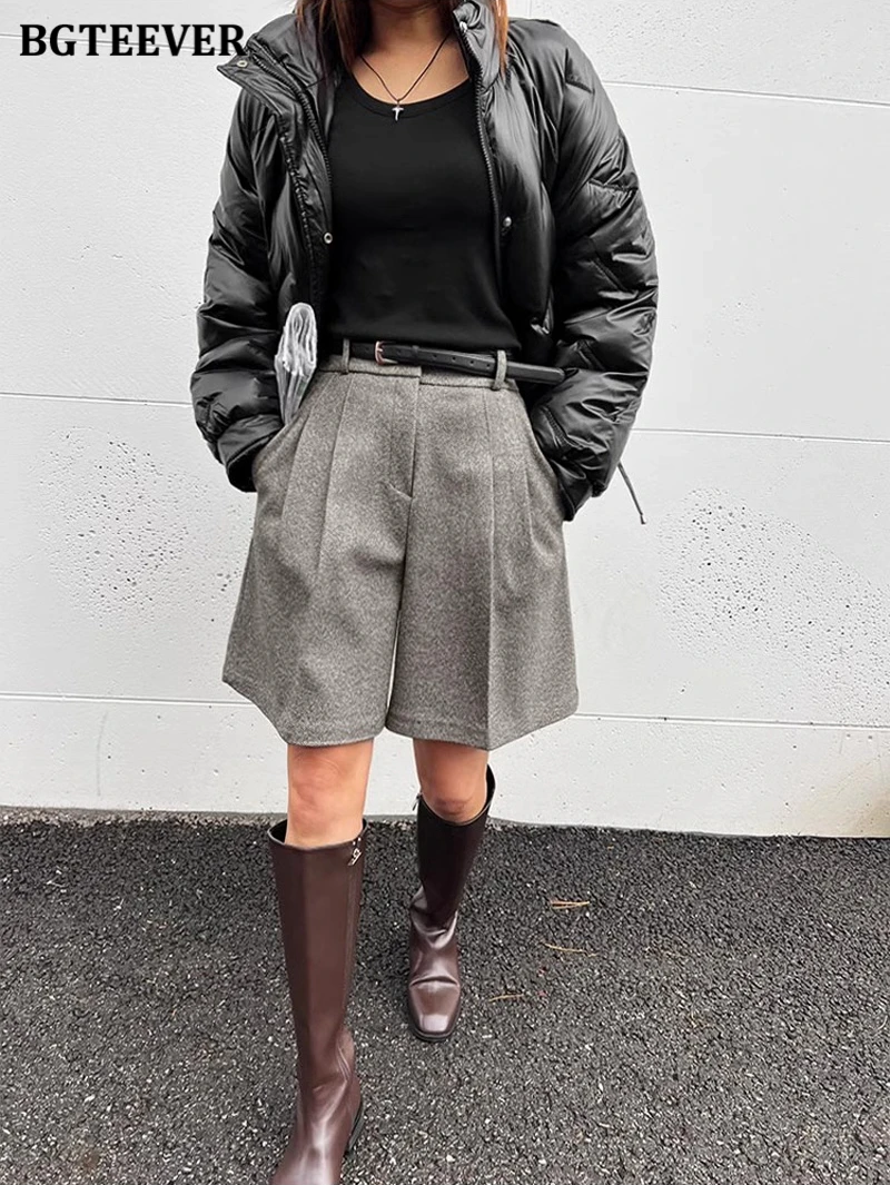 BGTEEVER Casual High Waist Pockets Female Wide Leg Woolen Shorts Autumn Winter Thicke Warm Loose Women Shorts