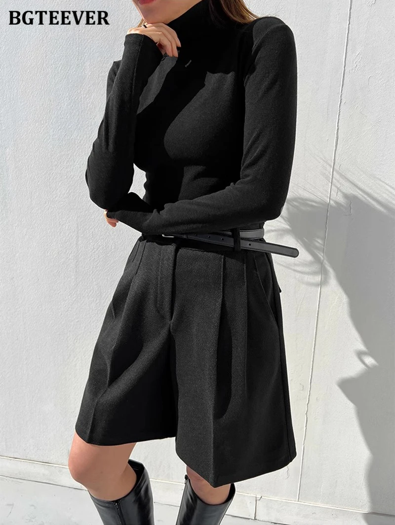 BGTEEVER Casual High Waist Pockets Female Wide Leg Woolen Shorts Autumn Winter Thicke Warm Loose Women Shorts