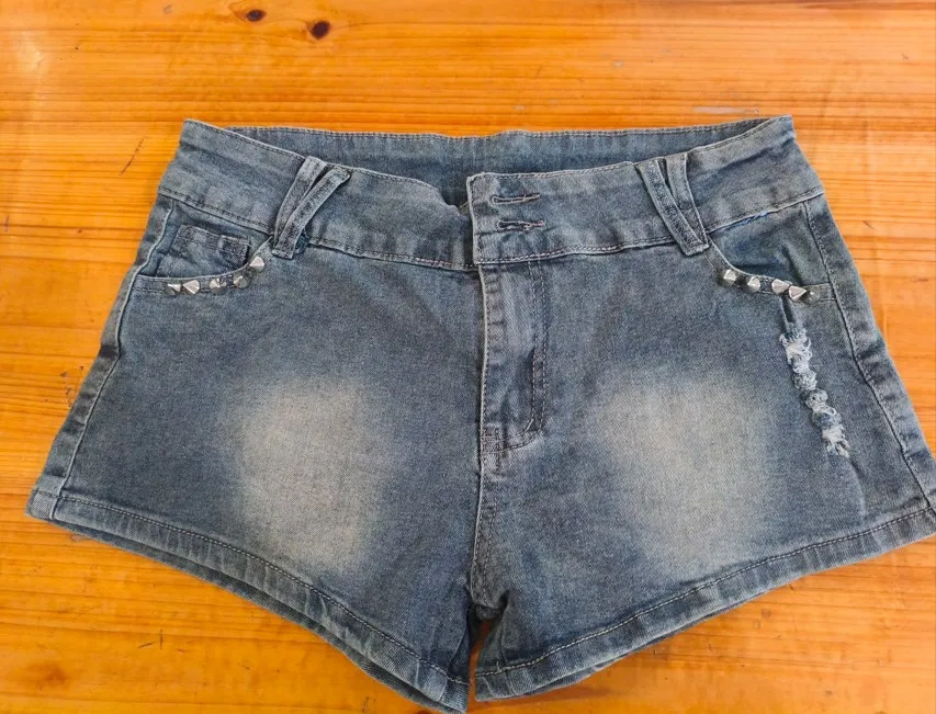 HOUZHOU Vintage Y2k Denim Shorts Women Sexy Blue Gothic Low Waist Shorts Female Punk Retro Summer Streetwear Short Jeans Slim Up