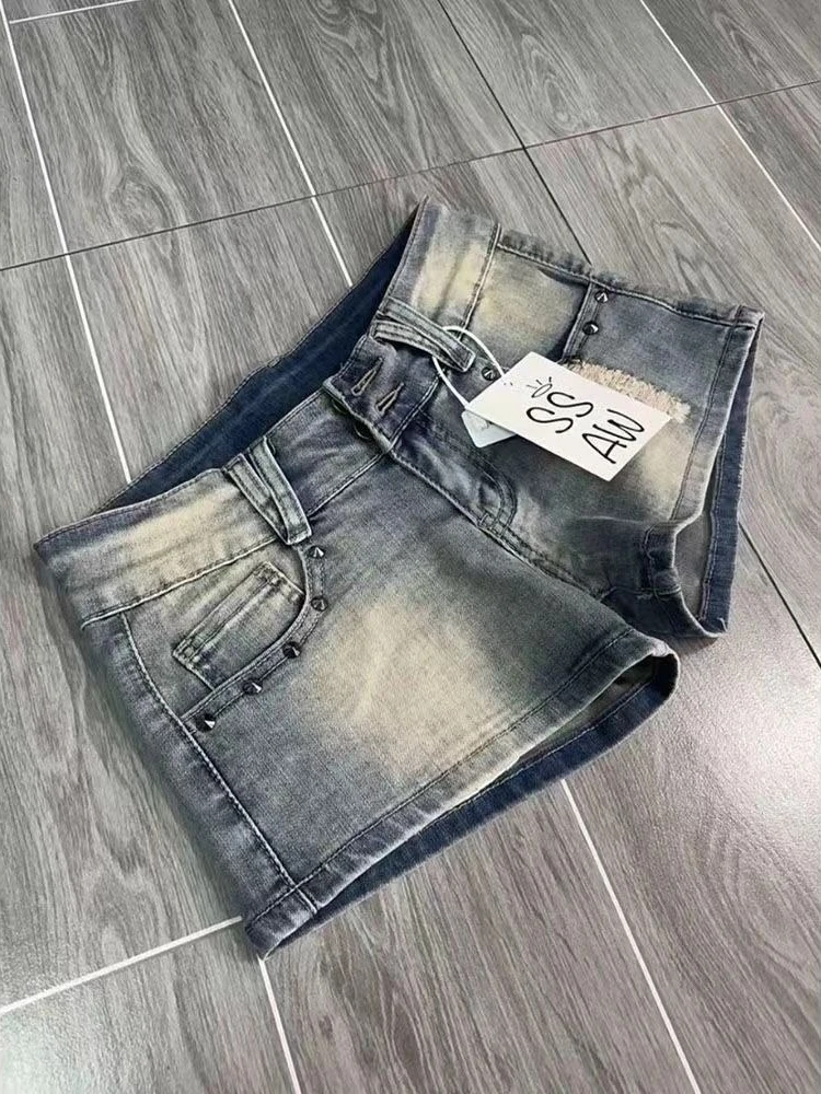 HOUZHOU Vintage Y2k Denim Shorts Women Sexy Blue Gothic Low Waist Shorts Female Punk Retro Summer Streetwear Short Jeans Slim Up