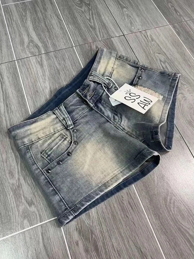 HOUZHOU Vintage Y2k Denim Shorts Women Sexy Blue Gothic Low Waist Shorts Female Punk Retro Summer Streetwear Short Jeans Slim Up