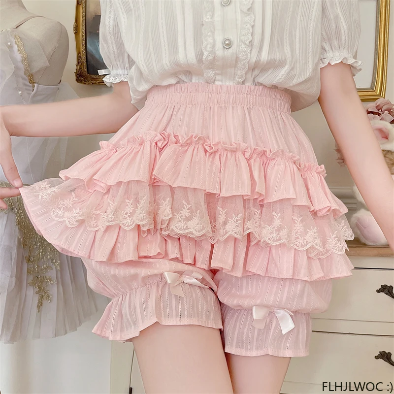 Cotton Bloomers Lolita Style Girls Cute Sweet Japan Sexy Lace Date Princess Pink Layer Puff Shorts Ruffles Lantern Small Pants