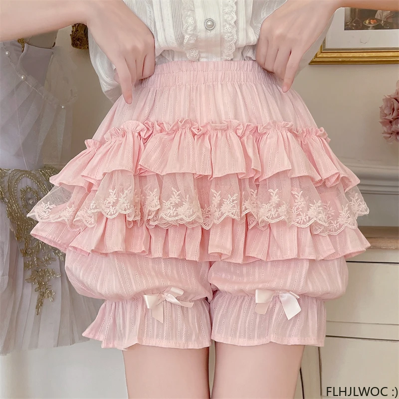 Cotton Bloomers Lolita Style Girls Cute Sweet Japan Sexy Lace Date Princess Pink Layer Puff Shorts Ruffles Lantern Small Pants
