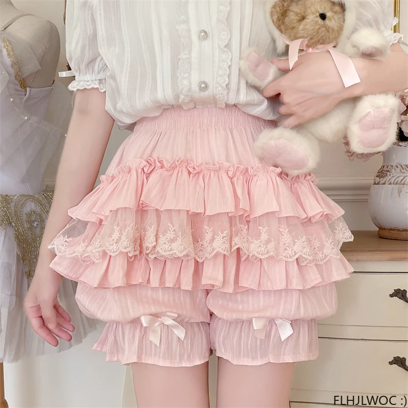 Cotton Bloomers Lolita Style Girls Cute Sweet Japan Sexy Lace Date Princess Pink Layer Puff Shorts Ruffles Lantern Small Pants