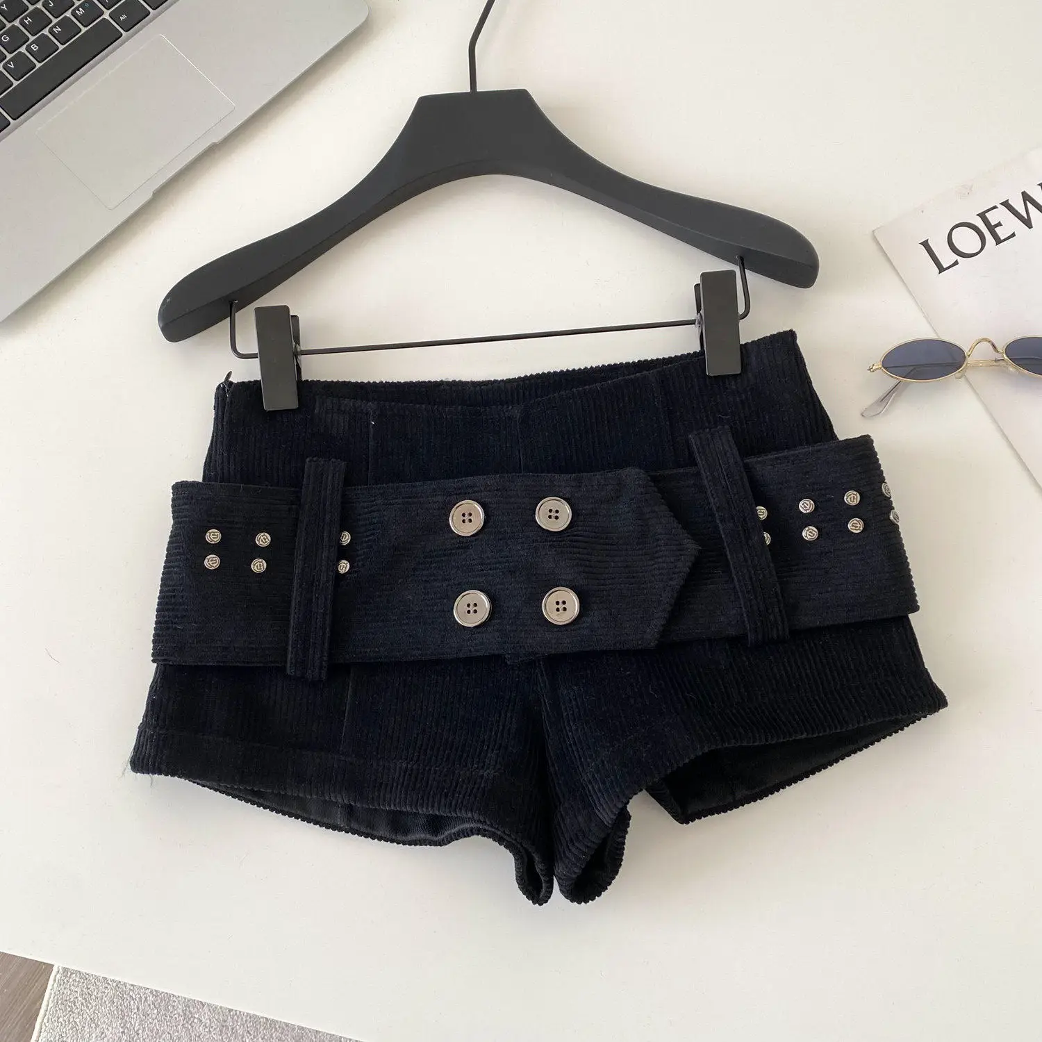 American Retro Corduroy Shorts Women Button Sashes Design Autumn Low Waist Sensual Streetwear Hot Girl Mini Shorts