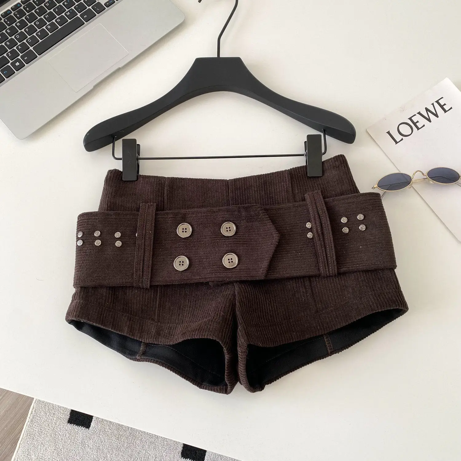 American Retro Corduroy Shorts Women Button Sashes Design Autumn Low Waist Sensual Streetwear Hot Girl Mini Shorts
