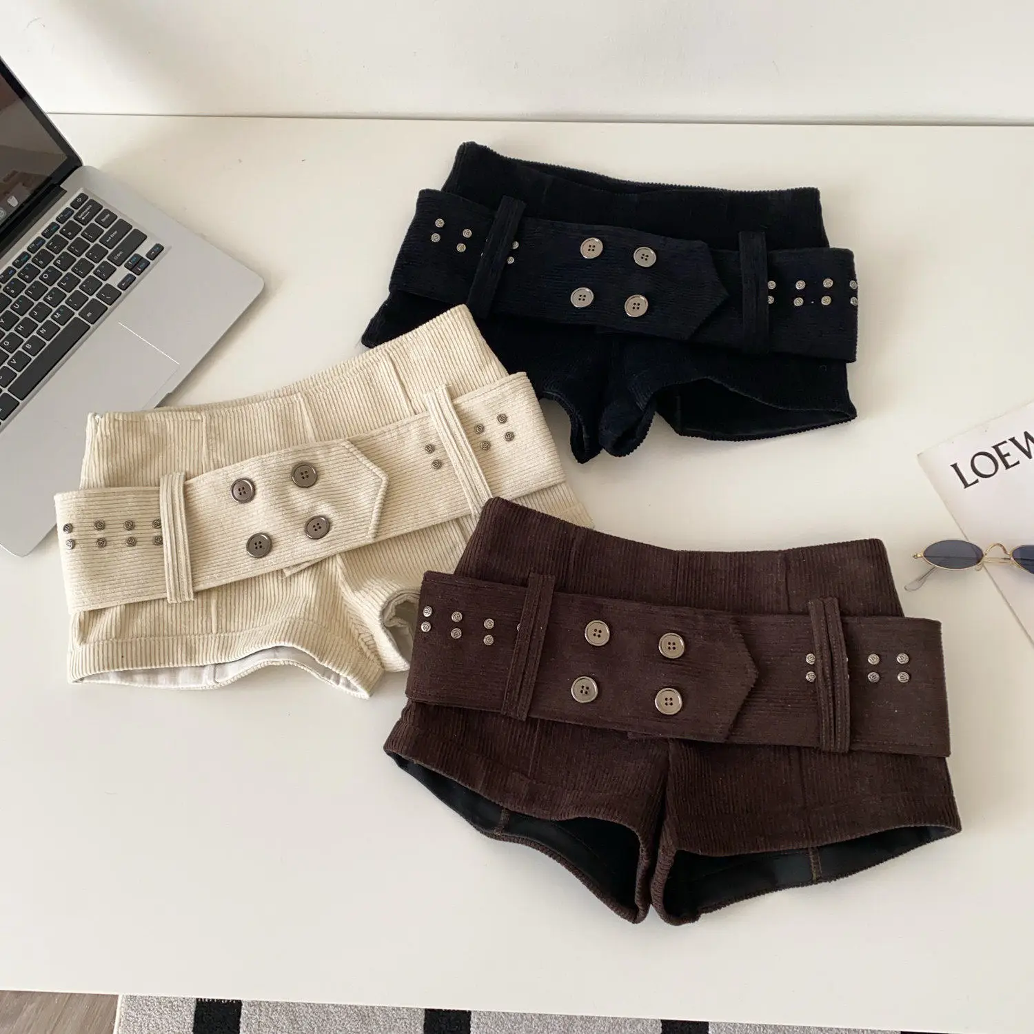 American Retro Corduroy Shorts Women Button Sashes Design Autumn Low Waist Sensual Streetwear Hot Girl Mini Shorts