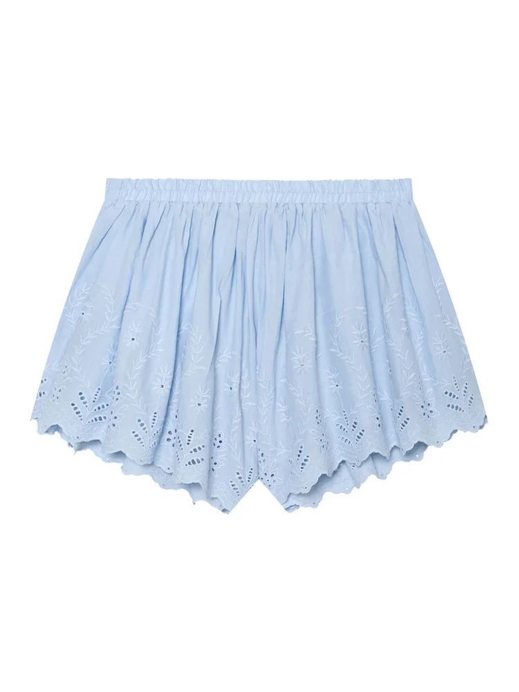 AACHOAE Women Boho Eyelet Embroidered Cotton Shorts High Waist Elastic Waist Scallop Hem Beach Shorts Casual Summer Bottoms