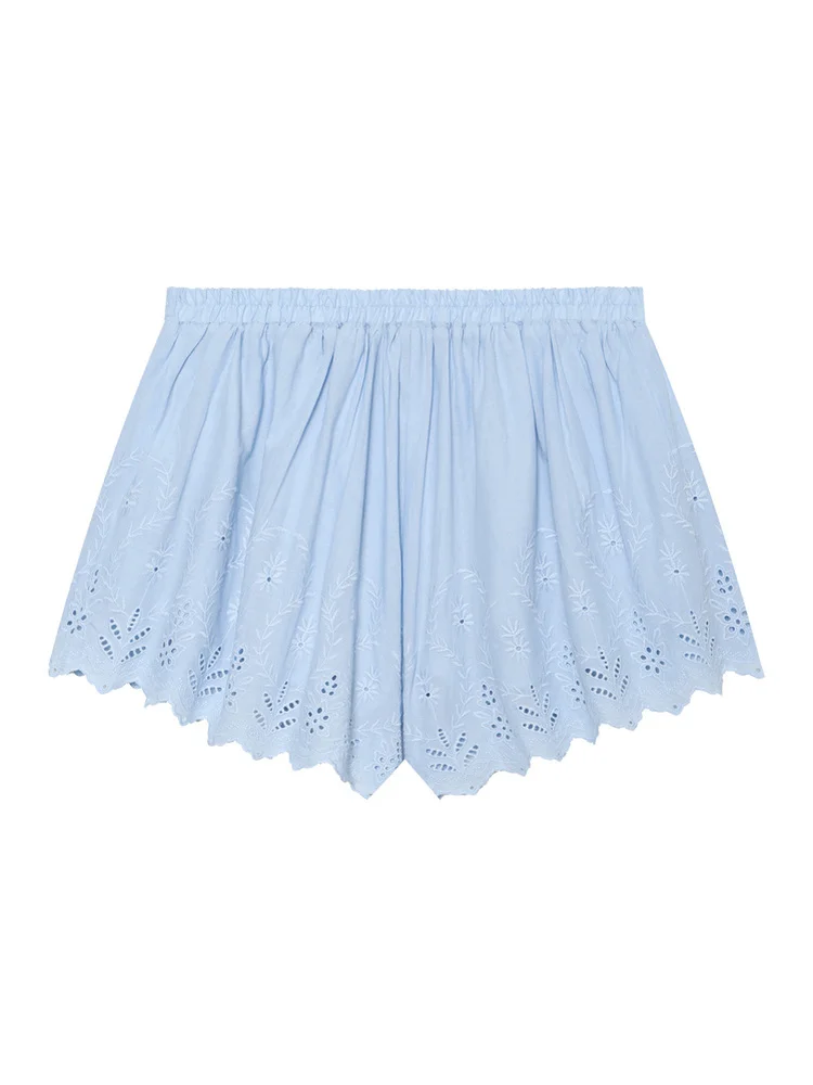 AACHOAE Women Boho Eyelet Embroidered Cotton Shorts High Waist Elastic Waist Scallop Hem Beach Shorts Casual Summer Bottoms