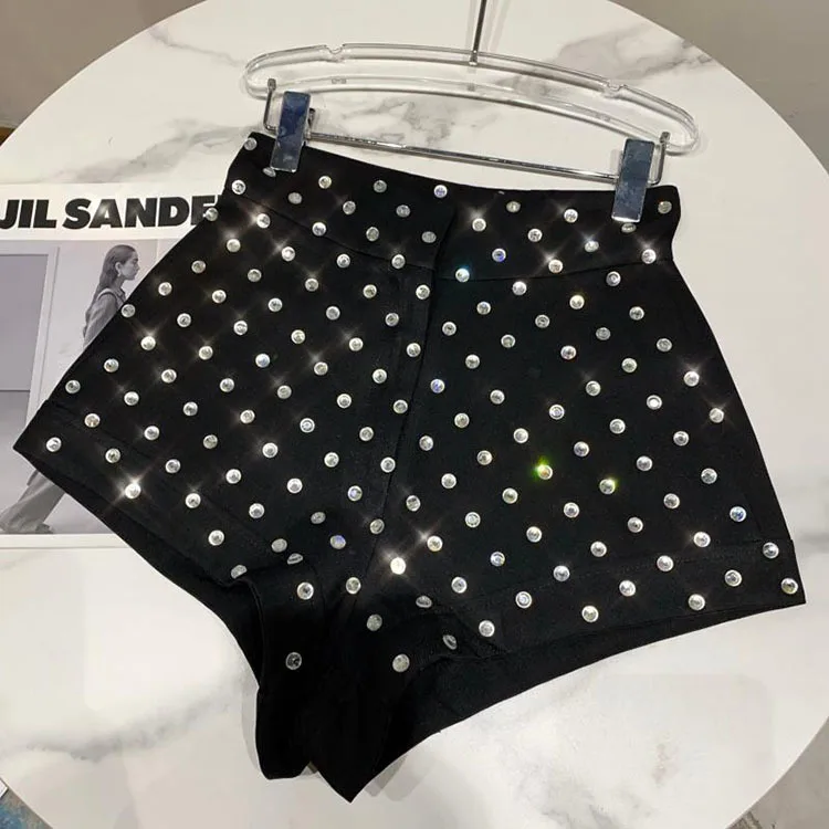 New Large Rhinestone Temperament Shorts for Women High Waist Slim Fit White Black Short Trousers Summer Shorts 2022