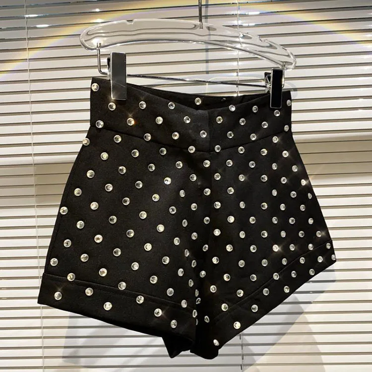 New Large Rhinestone Temperament Shorts for Women High Waist Slim Fit White Black Short Trousers Summer Shorts 2022