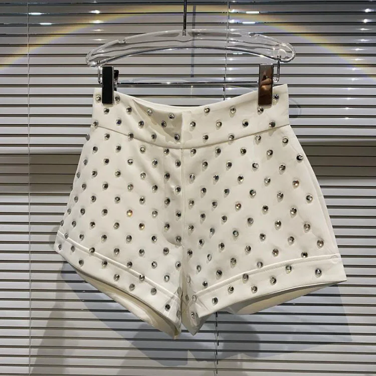 New Large Rhinestone Temperament Shorts for Women High Waist Slim Fit White Black Short Trousers Summer Shorts 2022