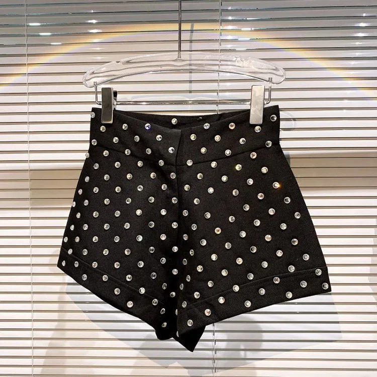 New Large Rhinestone Temperament Shorts for Women High Waist Slim Fit White Black Short Trousers Summer Shorts 2022