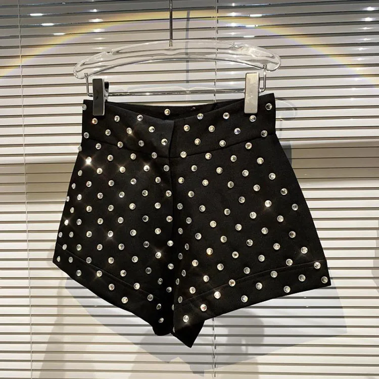 New Large Rhinestone Temperament Shorts for Women High Waist Slim Fit White Black Short Trousers Summer Shorts 2022