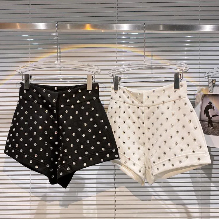 New Large Rhinestone Temperament Shorts for Women High Waist Slim Fit White Black Short Trousers Summer Shorts 2022