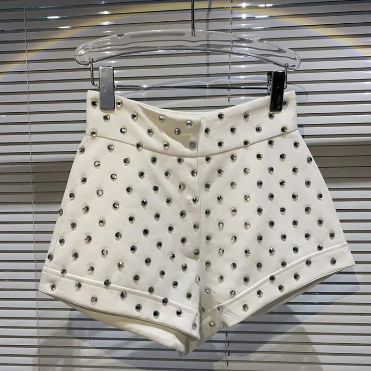 New Large Rhinestone Temperament Shorts for Women High Waist Slim Fit White Black Short Trousers Summer Shorts 2022