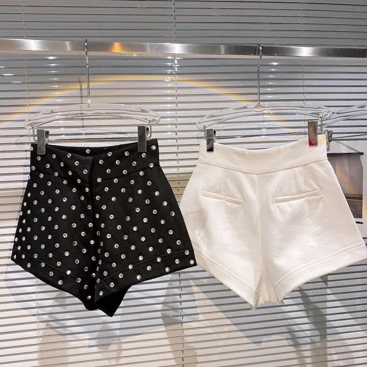 New Large Rhinestone Temperament Shorts for Women High Waist Slim Fit White Black Short Trousers Summer Shorts 2022