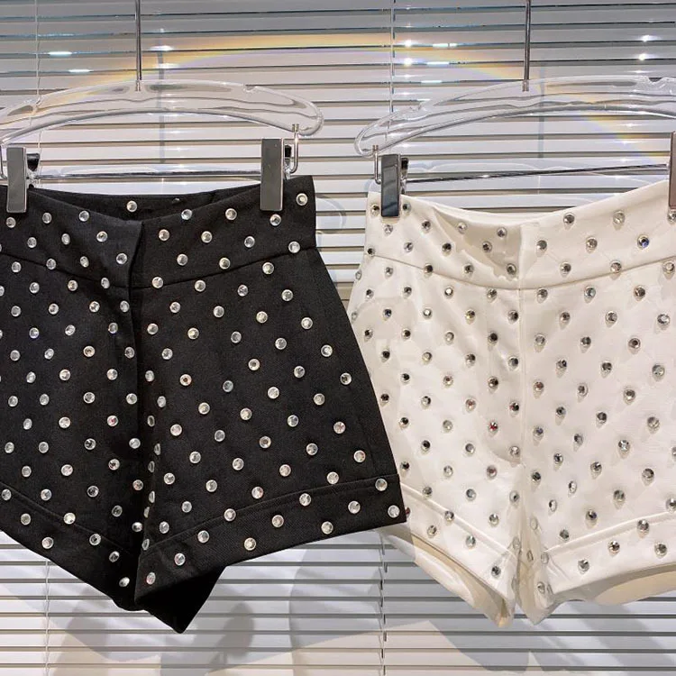 New Large Rhinestone Temperament Shorts for Women High Waist Slim Fit White Black Short Trousers Summer Shorts 2022
