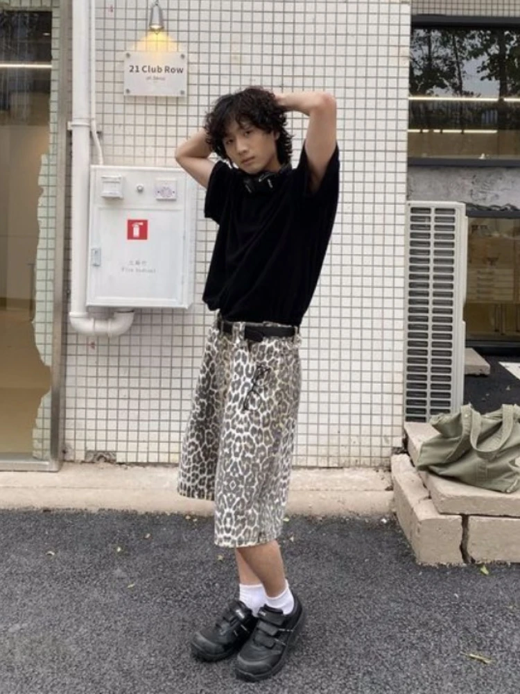 Retro Leopard Print Denim Shorts for Women New Bottoms Streetwear Fashion Casual Y2k Wide Leg Pants Pantalones Cortos De Mujer
