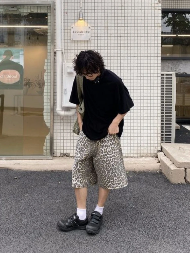 Retro Leopard Print Denim Shorts for Women New Bottoms Streetwear Fashion Casual Y2k Wide Leg Pants Pantalones Cortos De Mujer