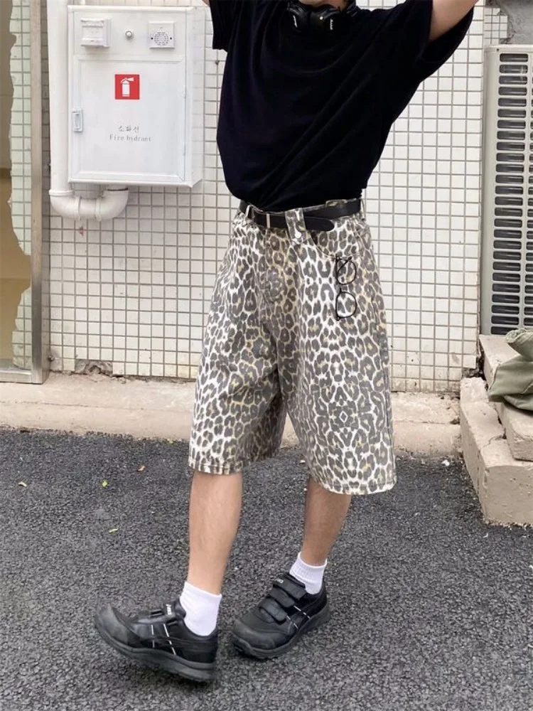 Retro Leopard Print Denim Shorts for Women New Bottoms Streetwear Fashion Casual Y2k Wide Leg Pants Pantalones Cortos De Mujer