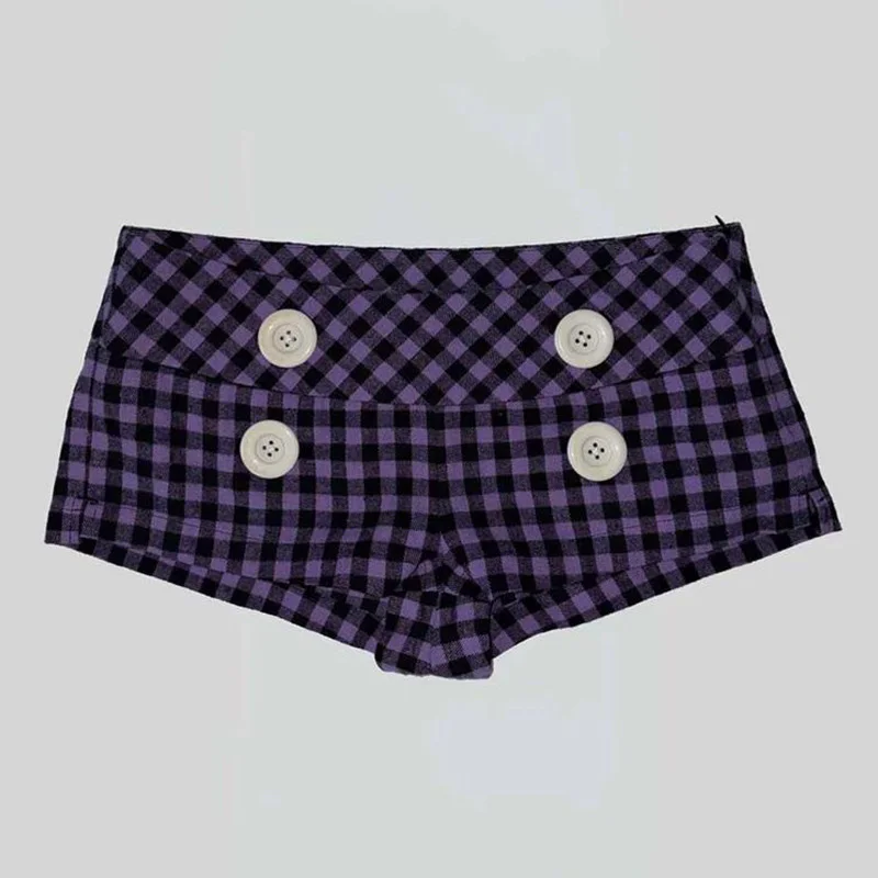 Summer Women Y2K Street Club Gingham Plaid Four Button Decor Low Waist Ultra Short Bodycon Booty Hot Pants Shorts