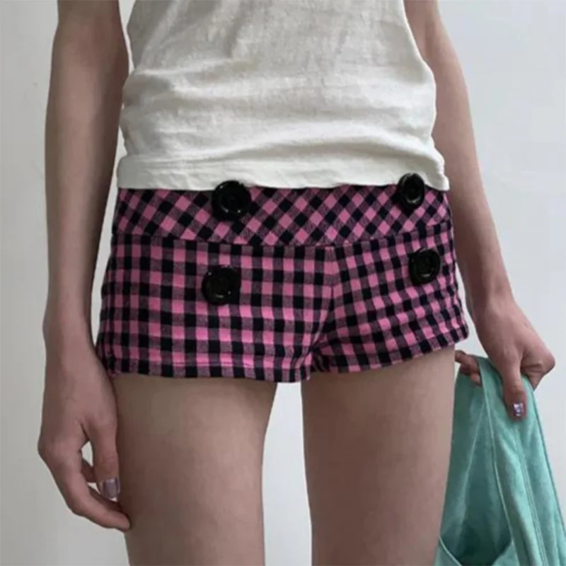 Summer Women Y2K Street Club Gingham Plaid Four Button Decor Low Waist Ultra Short Bodycon Booty Hot Pants Shorts