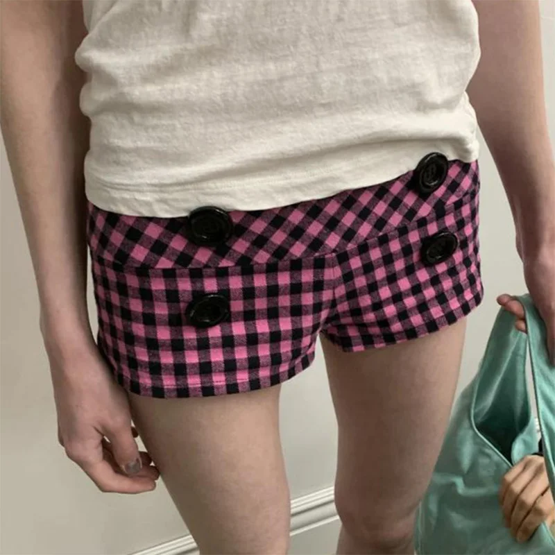 Summer Women Y2K Street Club Gingham Plaid Four Button Decor Low Waist Ultra Short Bodycon Booty Hot Pants Shorts