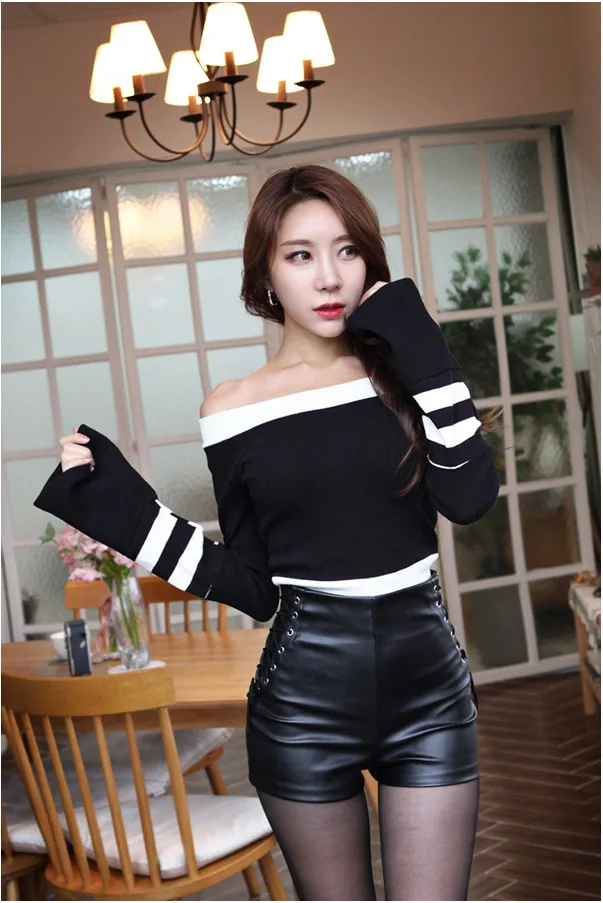 Black Pu Leather Bandage Shorts Women's High Waist Buttock Elastic Tight Sexy Boots Shorts