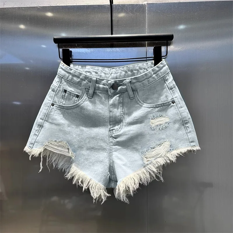 Retro Irregular Old Ripped Denim Shorts Women's Summer Low Waist Design Jeans Hot Pants Sky Blue