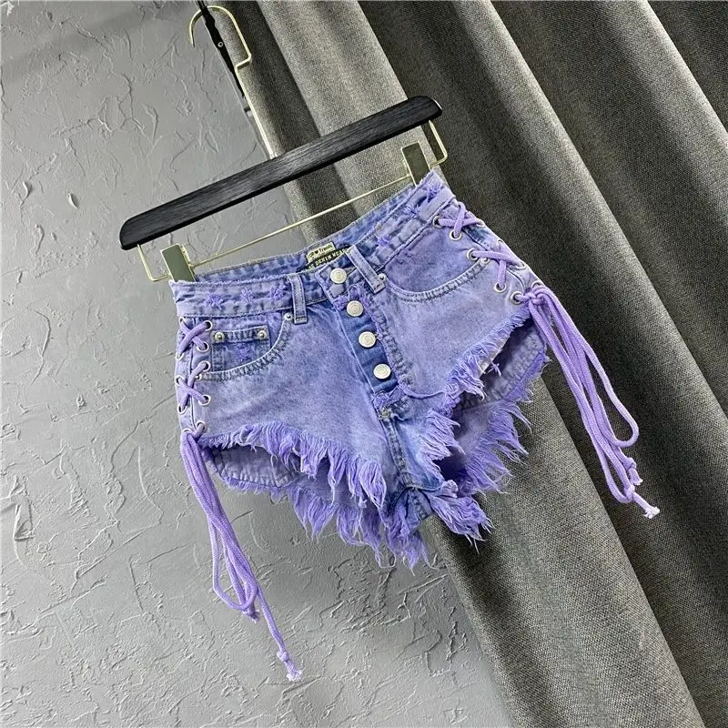 2026 Summer New Women's Purple Shorts Fashion Sexy Low Rise Single Breasted A-line Denim Shorts With Strap Hot Pants Female