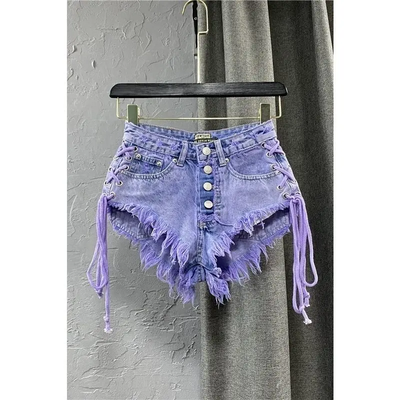 2026 Summer New Women's Purple Shorts Fashion Sexy Low Rise Single Breasted A-line Denim Shorts With Strap Hot Pants Female